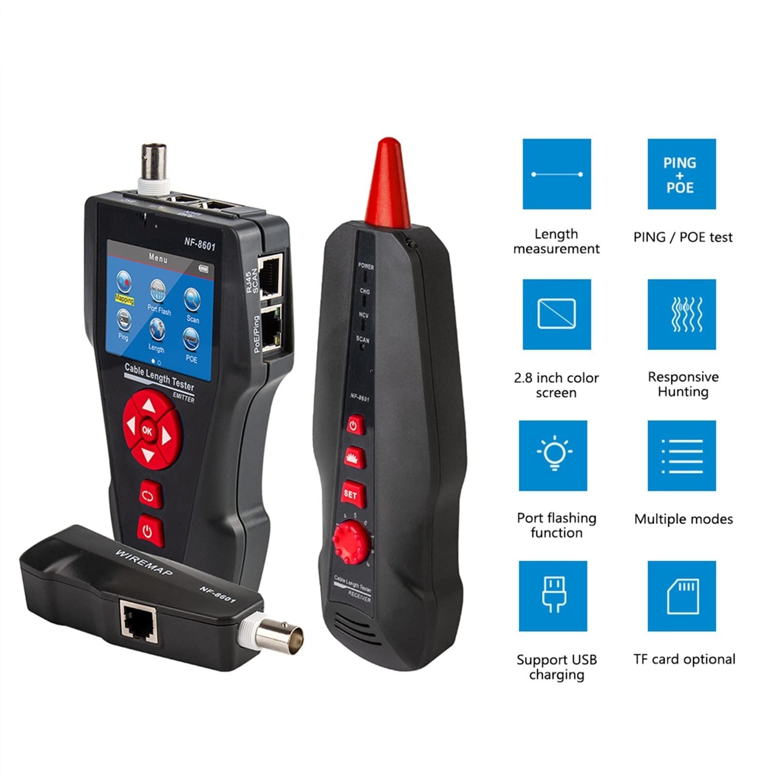 NF-8601 Nuevo diseño Poe Ping LCD Prueba de longitud del cable for RJ11 RJ45 BNC Network CAT 7 Tester Tester Check Check