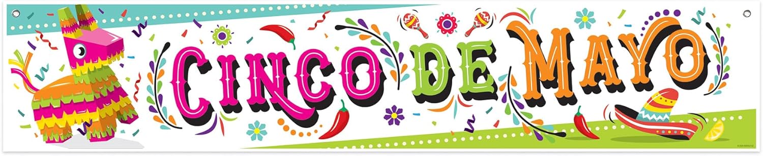 Beistle Cinco De Mayo Banner, 12” x 5’- Mexican Fiesta Party Decoration with Pinata Design