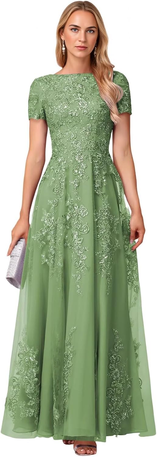 ISABUFEI Mother of The Bride Dresses - Long Sequin Beaded Lace Appliques Formal Evening Gown with Short Sleeves