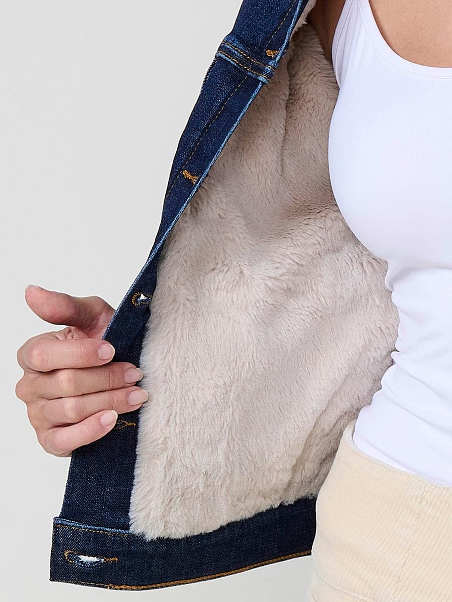 Koroshi Chaqueta cazadora vaquera denim oscuro forro interior efecto pelo y cuello pelo no animal extraíble