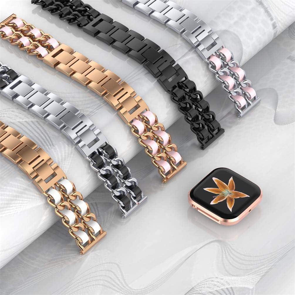 Wearlizer Chain Bands Compatible with Fitbit Versa 2/Fitbit Versa/Versa Lite Bands for Women Girl,Metal Chain interlaced with Leather Strap Bracelet for fitbit versa dressy bands(Black)