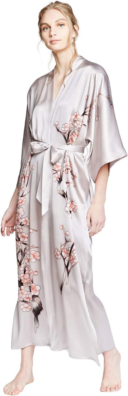 KIM+ONO Silk Kimono Robe Long - Handpainted Cherry Blossom - Dream (Grey), 100 Percent Silk Robes for Women with Handpainted Design, Long Silk Robe 52 inches in Length, One Size Fits Most.