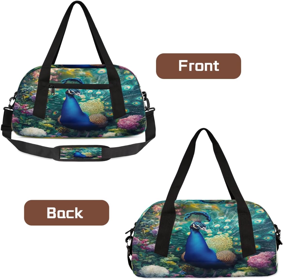 Kids Travel Duffle Bag Weekender Overnight Bag Gym Tote for Boy Girls Carry On Workout Duffel Bag(Green Peacock Bird Floral)
