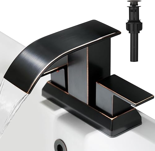 Hoimpro Grifo de baño de 3 agujeros de 4 pulgadas, grifo de baño de bronce aceitado en cascada, dos asas, juego central, grifo de lavabo de baño,