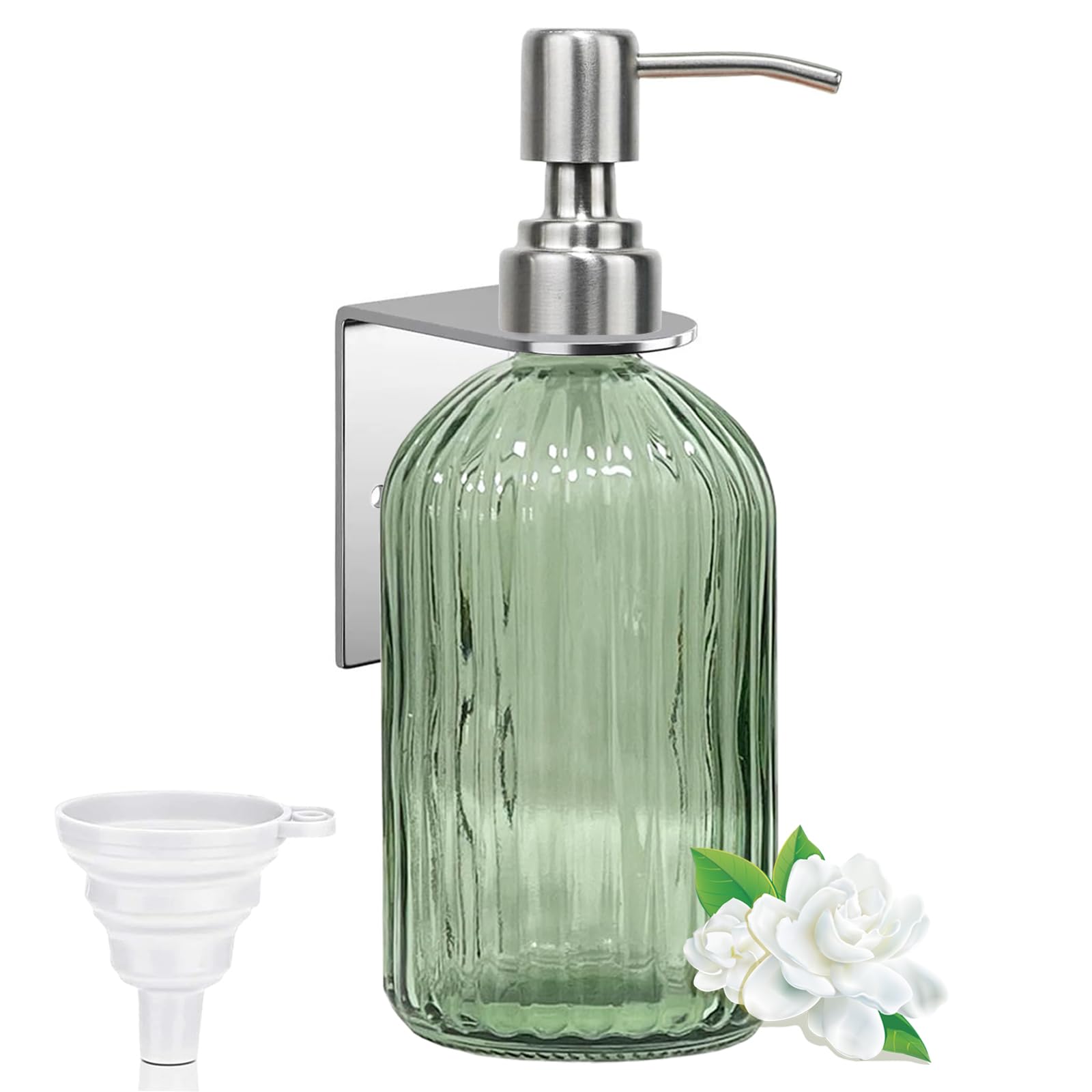 Green Glass Soap Dispenser, 400ml Shower Gel Dispenser No Drilling