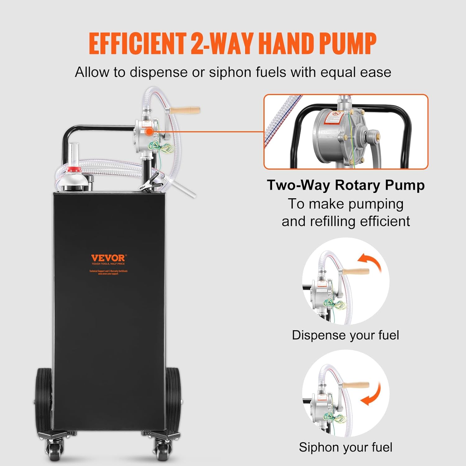 VEVOR Fuel Caddy, 35 Gallon, Gas Storage Tank on 4 Wheels, with Manual Transfer Pump, Gasoline Diesel Fuel Container for Cars, Lawn Mowers, ATVs, Boats, More, Black