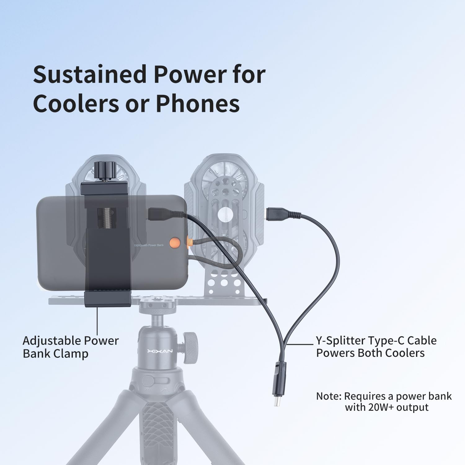 Universal Dual Phone Holder Clamp with Semiconductor Coolers, Power Bank Clip & Comfortable Hand Grip Tripod for Extended Handheld or Stationary Dual-Platform Live Streaming Simultaneously