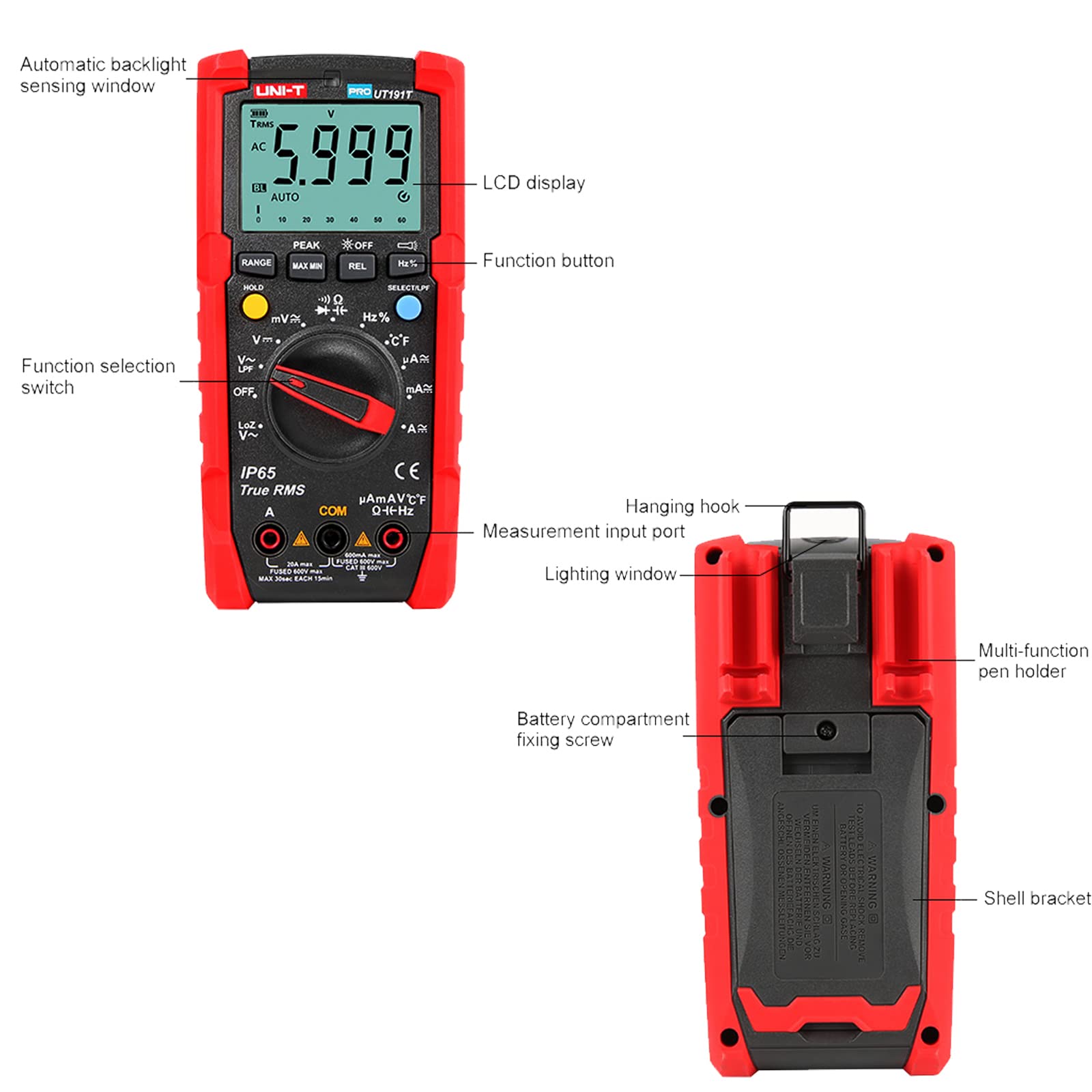 UNI-T UT191T Multimetro Professionale IP65, 600V AC/DC, 20A, 10Hz-1MHz, -40°C-400°C/-40°F-752°F