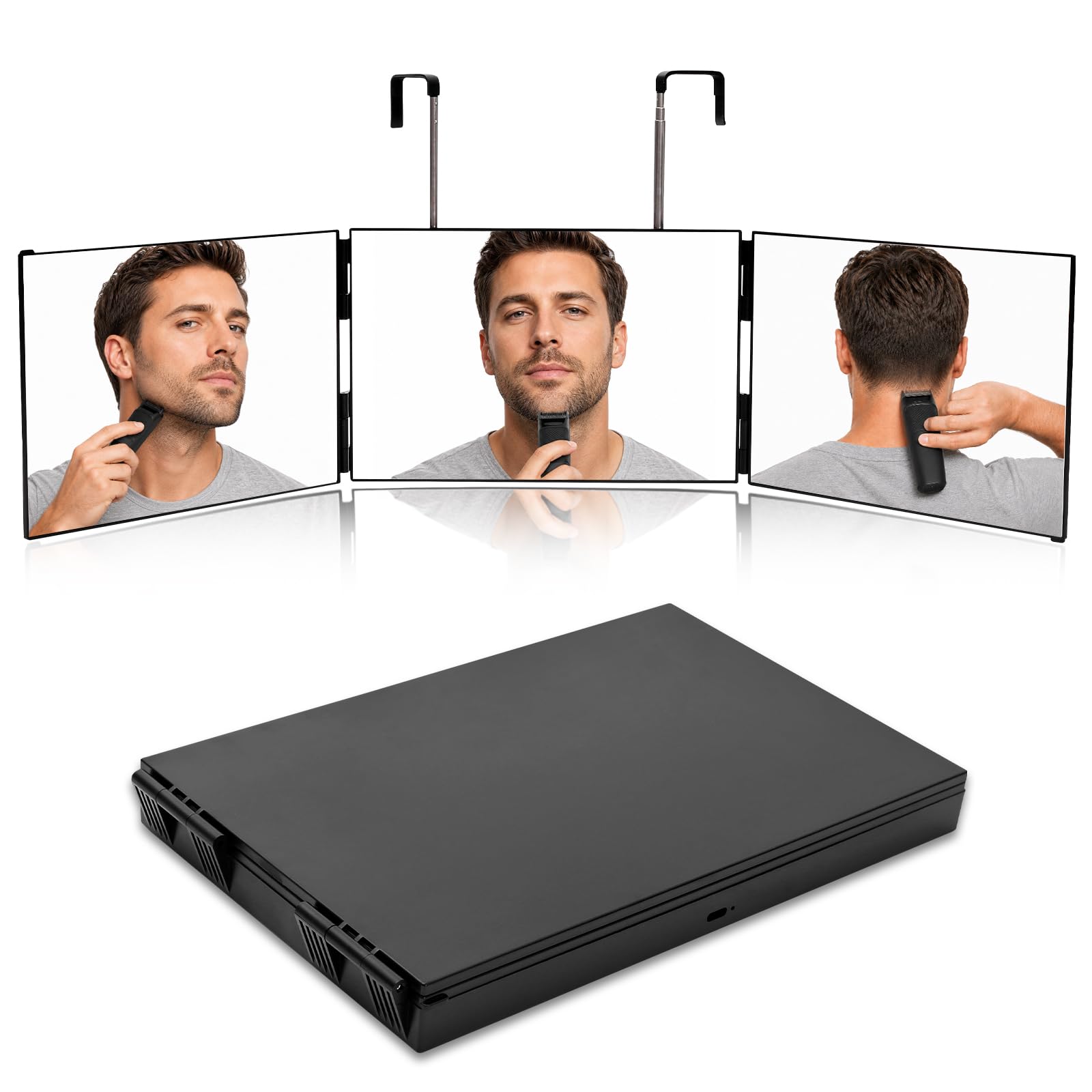 Pocvaim 3 Way Mirror for Self Hair Cutting, 360° Trifold Barber Design with Adjustable Height Hook, Foldable Portable Haircut Mirror for Shaving, Braiding, Hair Styling & Makeup, Black