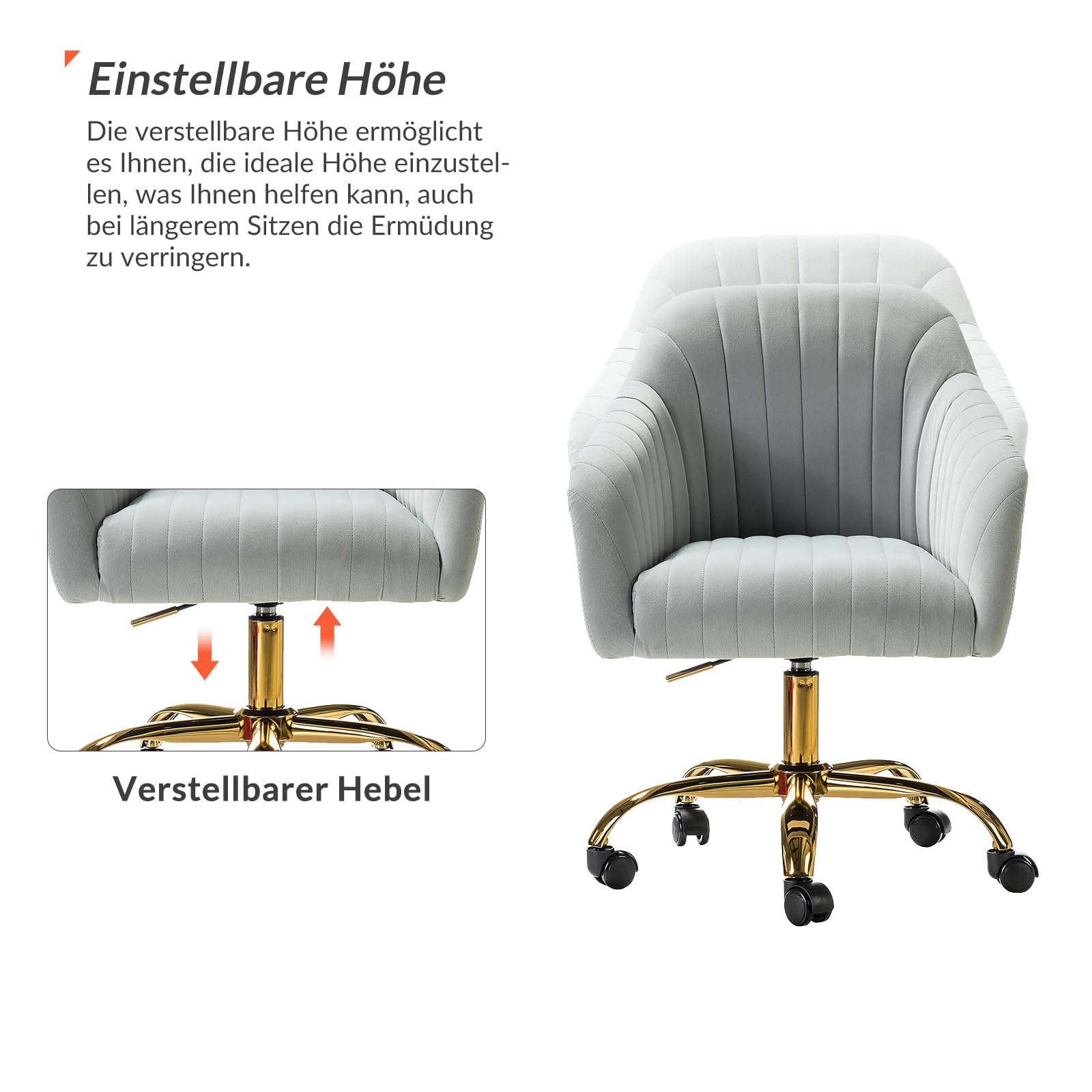 Samt Bürostuhl, moderner Schreibtischstuhl, Drehstuhl mit Armlehnen und Rollen, höhenverstellbar gepolstert für Frauen, Mädchen, Jugendliche, Grau