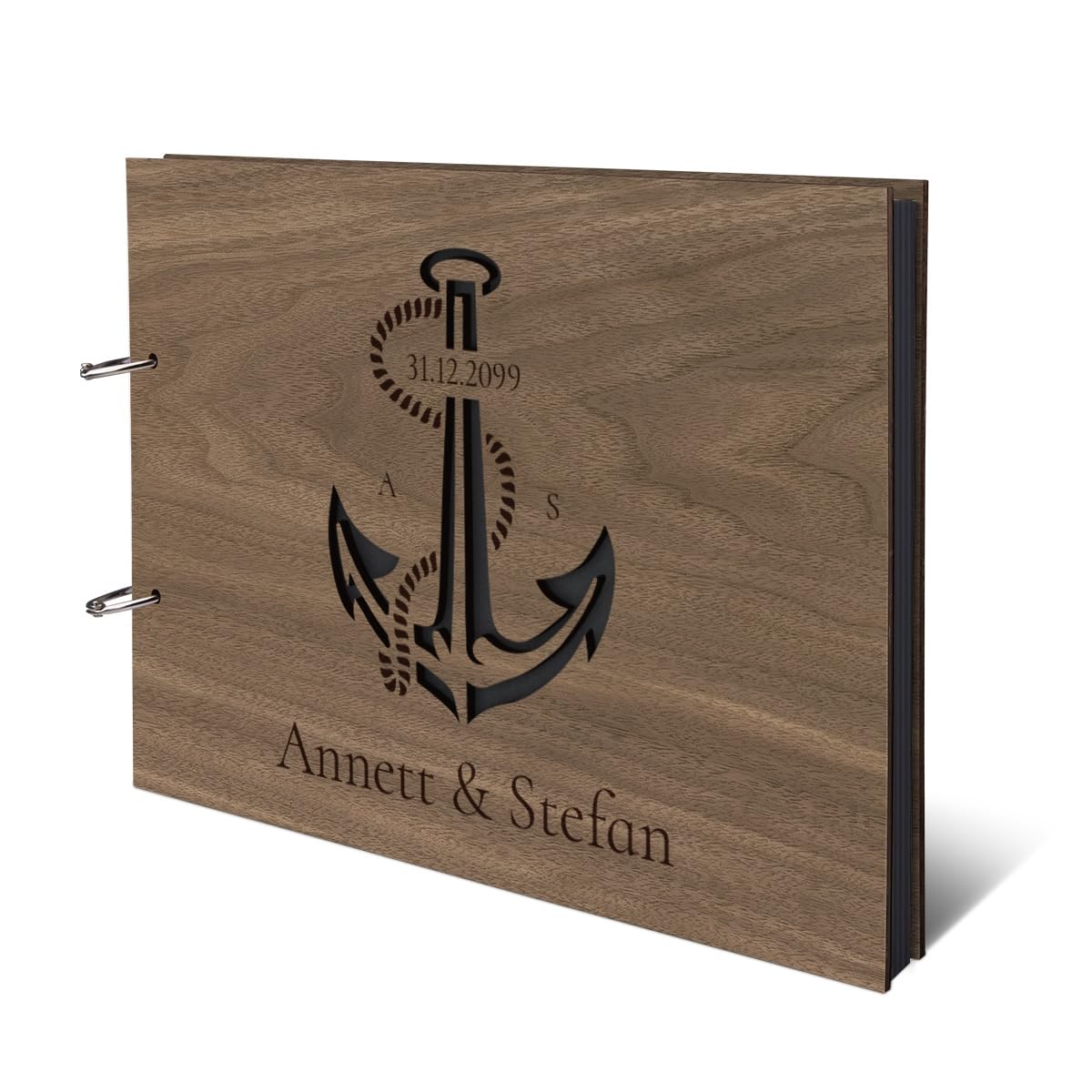 Personalisiertes Hochzeit Fotoalbum echtes Holz DIN A4 Hochzeitsbuch mit Lasergravur - Anker - mit 25 Blatt / 50 Seiten Fotokarton Schwarz