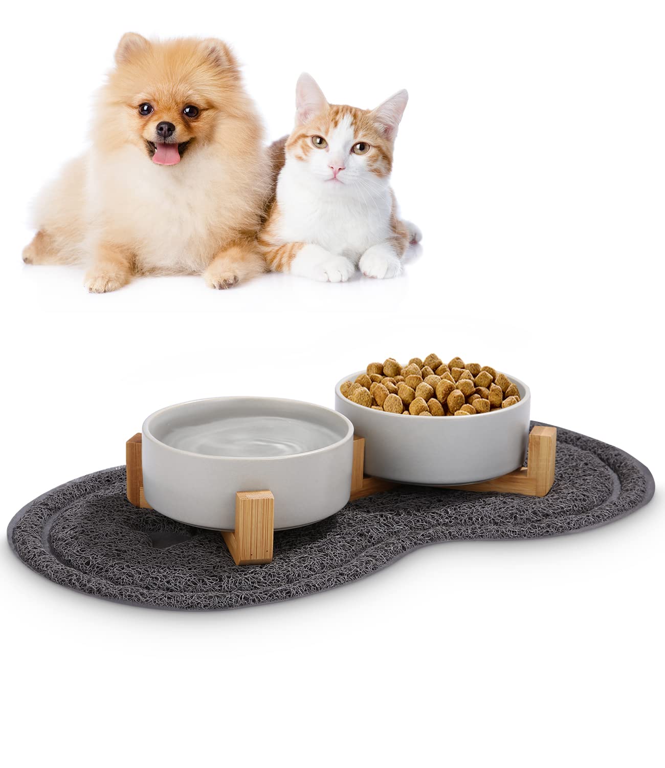 JOFLVA Ciotole Per Cani Ceramica,2 Pacchi 400ML Ciotole Per Gatti Con Base e Pad Antiscivolo Ciotola per Acqua e Cibo Adatto a cani di media e Piccola Taglia(grigio)