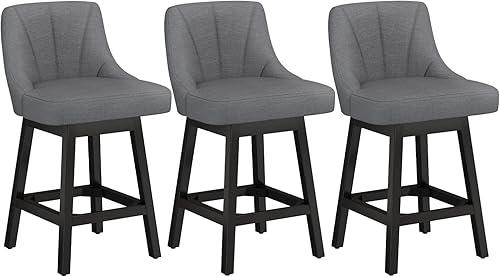 Miniatura 14 de Taburetes de bar giratorios con respaldos, taburetes de bar de 26 pulgadas de altura de mostrador, taburetes de bar tapizados de tela de lino con