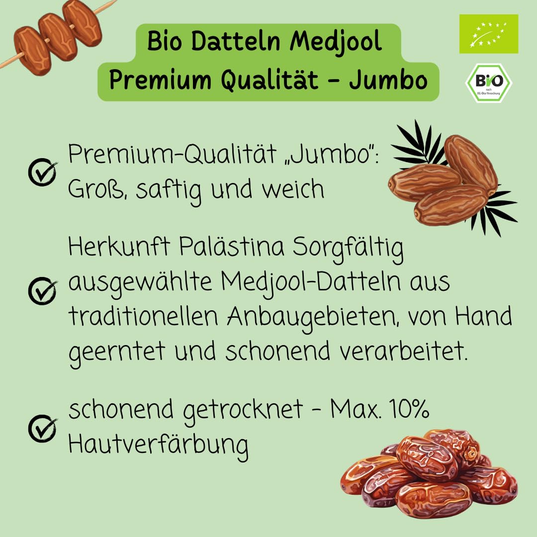 süssundclever.de® | Bio Medjool Datteln aus Palästina | Jumbo | 1 kg | kompostierbare Verpackung - besonders saftig und sehr groß