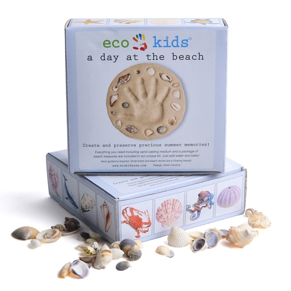 eco-kids Handprint & Footprint Kit - “A Day at The Beach” Keepsake – Includes Sand Casting Medium & Beach Shells – DIY, Add Water & Bake – Safe & Non Toxic – Newborn, Baby, Mother’s Day, Shower Gift