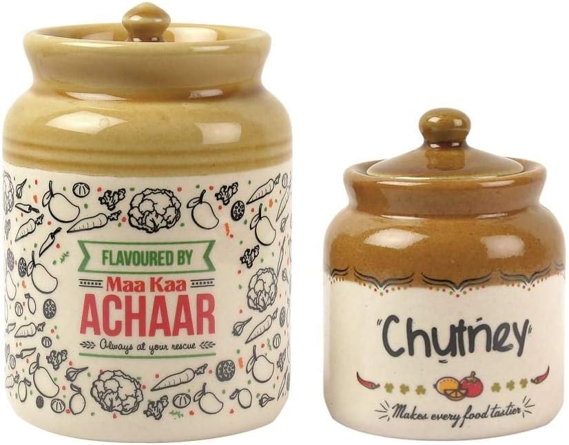 EK DO DHAI (DEVICE) Ek Do Dhai Stoneware Jar Set With Lid, For Achaar & Pickle Sukha Masala, Chutney Etc - Pack Of 2-700Ml And 300Ml