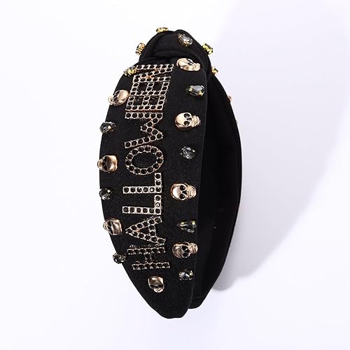 Vista 67 de Diademas de Halloween para mujer, diadema anudada con cuentas de truco o trato, diadema con nudo superior con diamantes de imitación, accesorio
