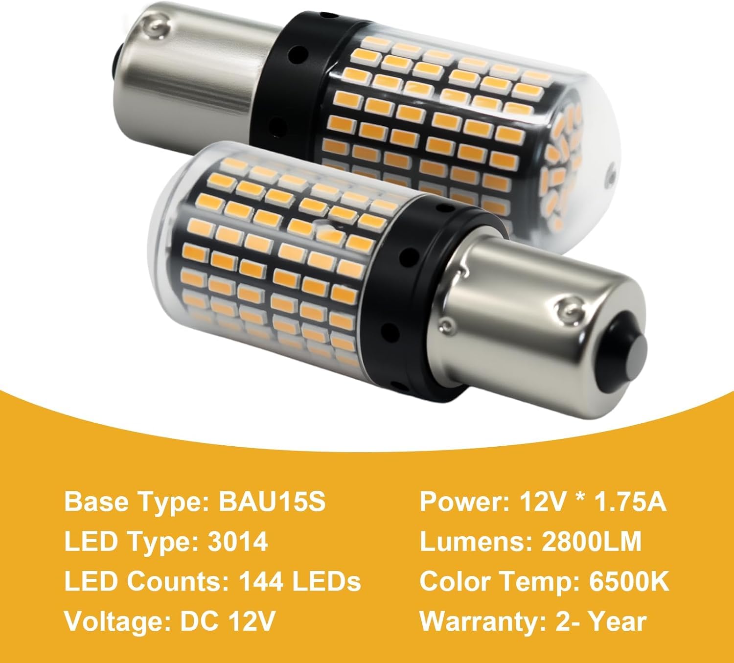 2 sztuki żarówki wskaźnikowe PY21W 581 Amber Yellow 1156 BAU15S LED, bez błędów Canbus, 2800 lm, super jasne przednie i tylne światła kierunkowskazów, 12-24 V, 30 W, 7440, 144 SMD, uniwersalne
