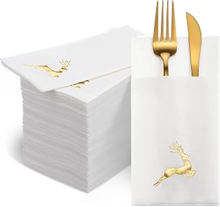 Ctosree 50 Pcs Christmas Disposable Napkins with Built-in Flatware Pocket Prefolded Paper Napkins White Gold Linen Texture Disposable Dinner Napkin for Silverware Xmas Party Wedding Table Supplies