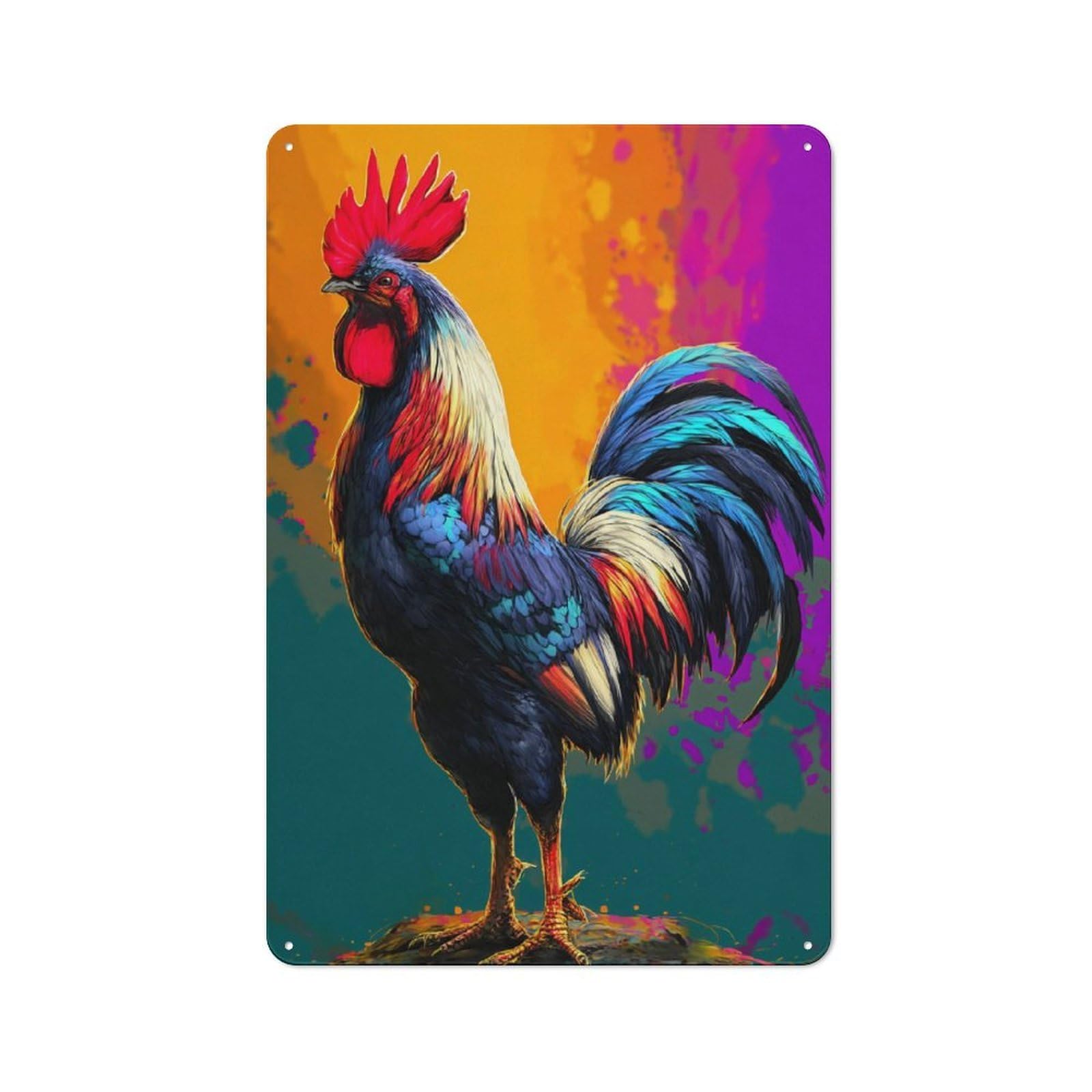 Junmoney Colorful Rooster Artwork-5 Tin Wall Plaque 30X20cm, Rustic Farmhouse Wall Decor For Dining Room, Cafe, Entryway Or Family Room