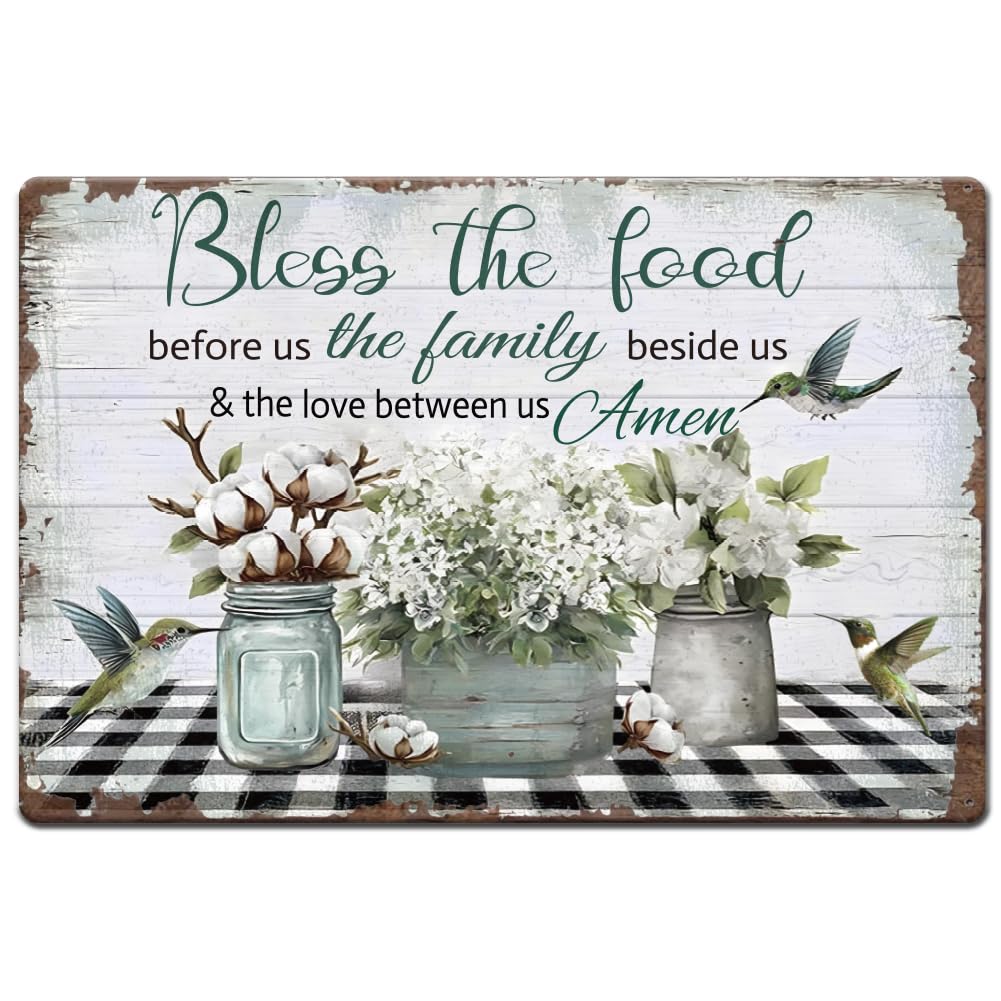 SUPERDANT Retro Kitchen Metal Signs Blesse The Food Tin Signs Outdoor Tin Decor Vintage Metal Sign Iron Kitchen Prayer Text Signs Fade Proof For Home Dining Hall Porch Garage 30x20cm