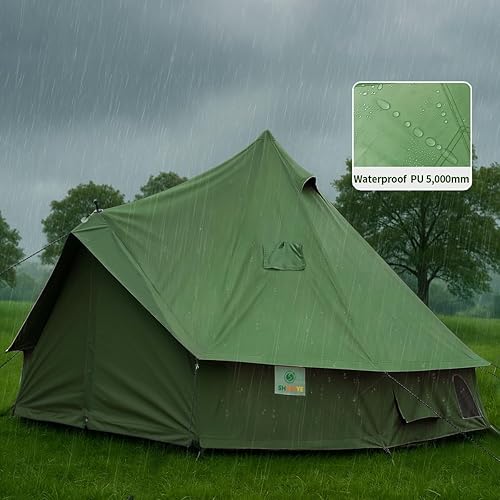 Miniatura 4 de Tienda de campaña Bell Yurt con gato de estufa, tienda de campaña de lujo impermeable para 4 estaciones, tela Oxford 420D, tiendas de campaña verde