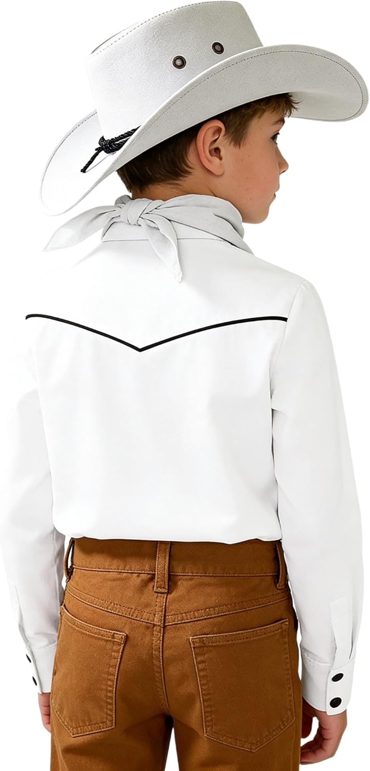 Boys Western Themed Cosplay Long Sleeve Top with Cowboy Hat Bandana Set Halloween Birthday Costume White 16 Years