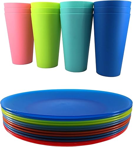 Vasos de plástico grandes y platos de plástico de 10 pulgadas, reutilizables, sin BPA, aptos para lavavajillas, juego de 24 para niños, uso en
