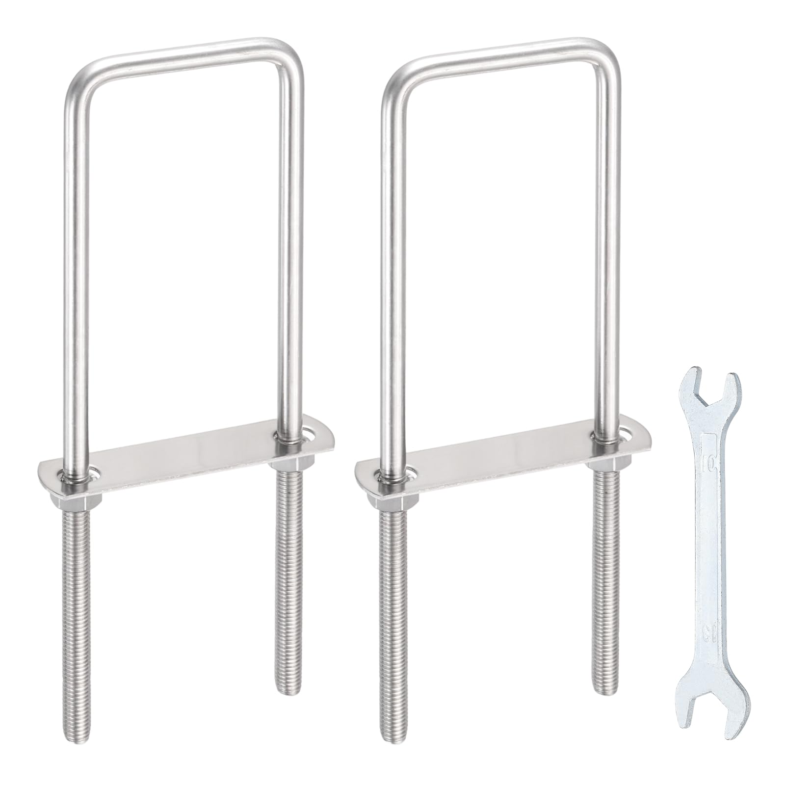 sourcing map 2 Sets M10 Square U-Bolts, 2.8"(71mm) Inner Width 9.8"(250mm) Length 304 Stainless Steel U Clamp Bolts with Nuts, Plates and Wrench for Trailer Ski Boat Fishing Boat โ image 1