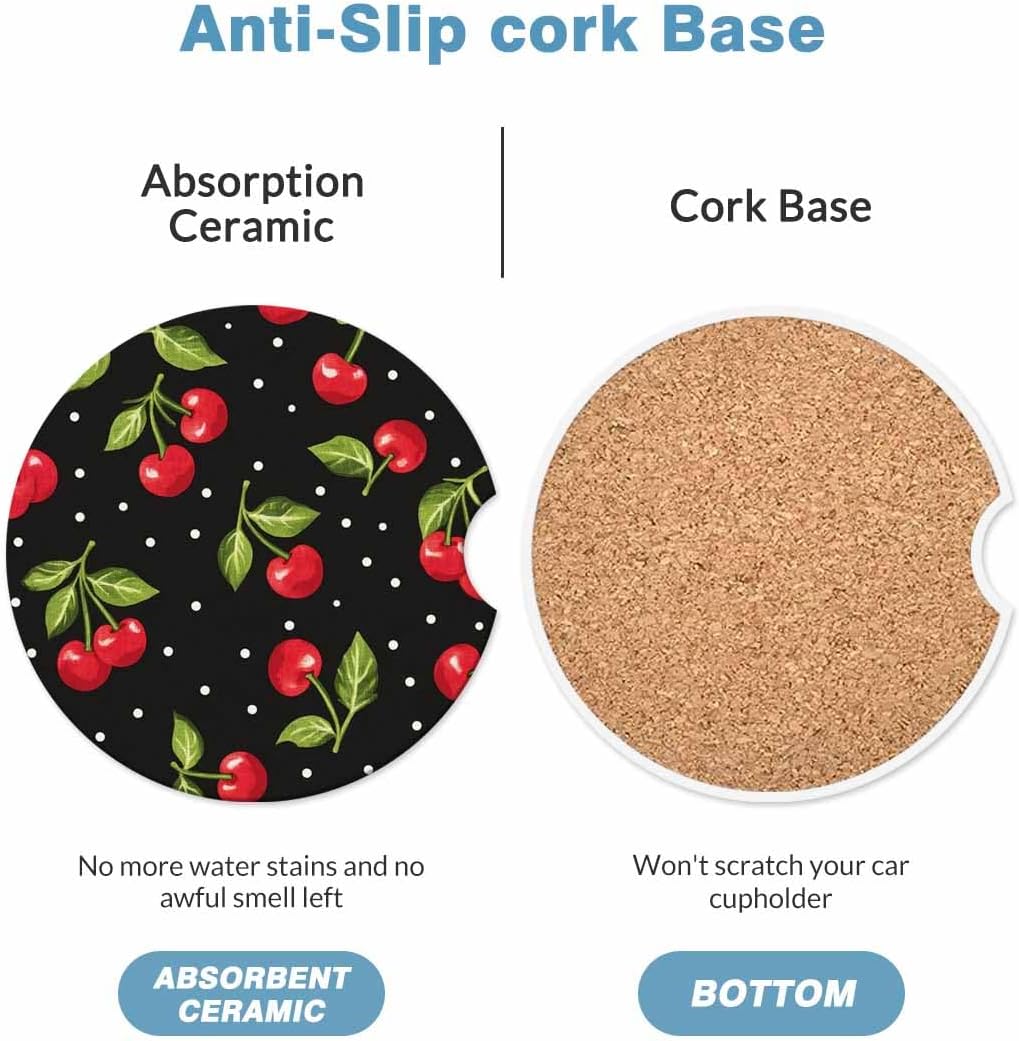 Red Cherry 2 Pack Car Cup Holder Coaster Fresh Cherries with Green Leaves Anti Slip Insert Absorbent Ceramic Car Coaster with Cork Base and Finger Notch Cute Car Accessories Interior for Women Men image 2
