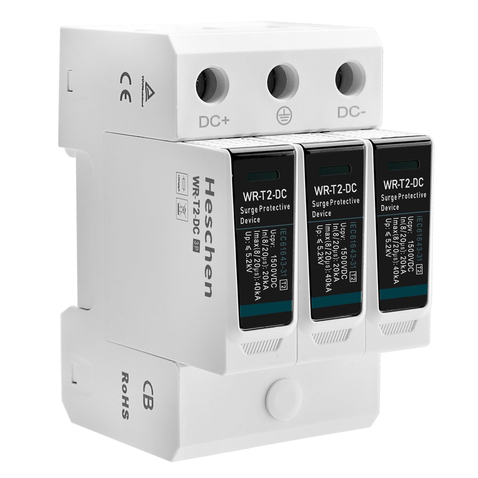 Heschen WR-T2-DC 3P 1500V DC 20KA Type T2 Fire Retardant DC Surge Protector 35mm DIN Rail Mounted TUV CB Certified
