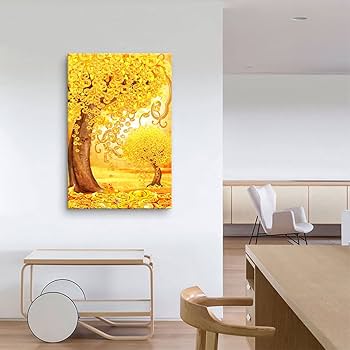 Amazon.co.jp: アートパネル 幸運の木風水絵 黄金の木の油絵 花