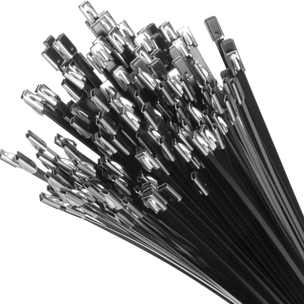 Wzddxunsf 25Cm Metal Black Cable Ties Stainless Steel Coated Self-Locking Heavy Duty Zip Tie Fastener Organizer(,50Pcs)