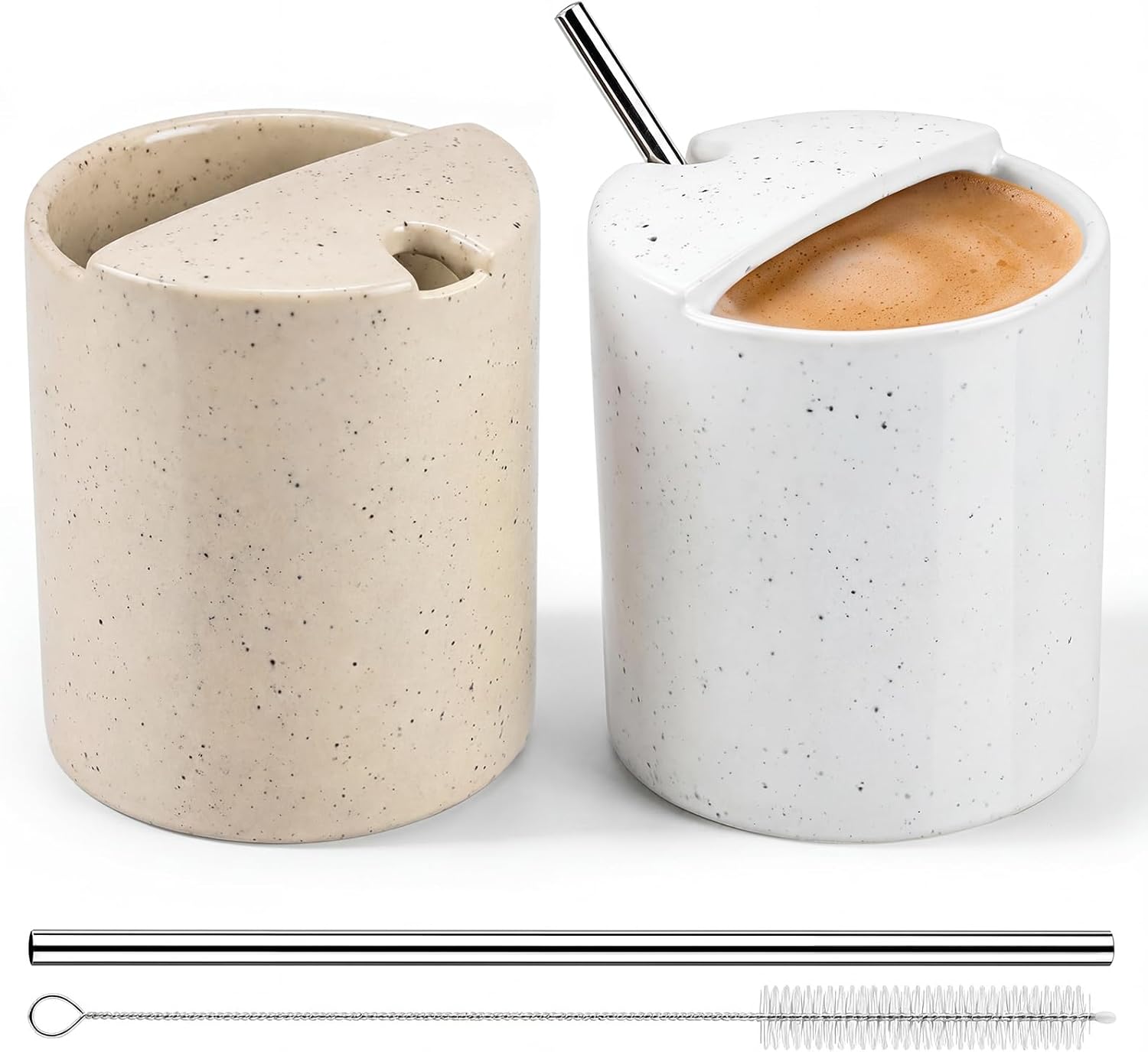 2 Pack Speckled Ceramic Coffee Mug with Sip Hole, 16 oz Stoneware Travel Cups with Straws and Cleaning Brushes, for Kitchen Coffee Tea Milk Juice (Ink Speckled)