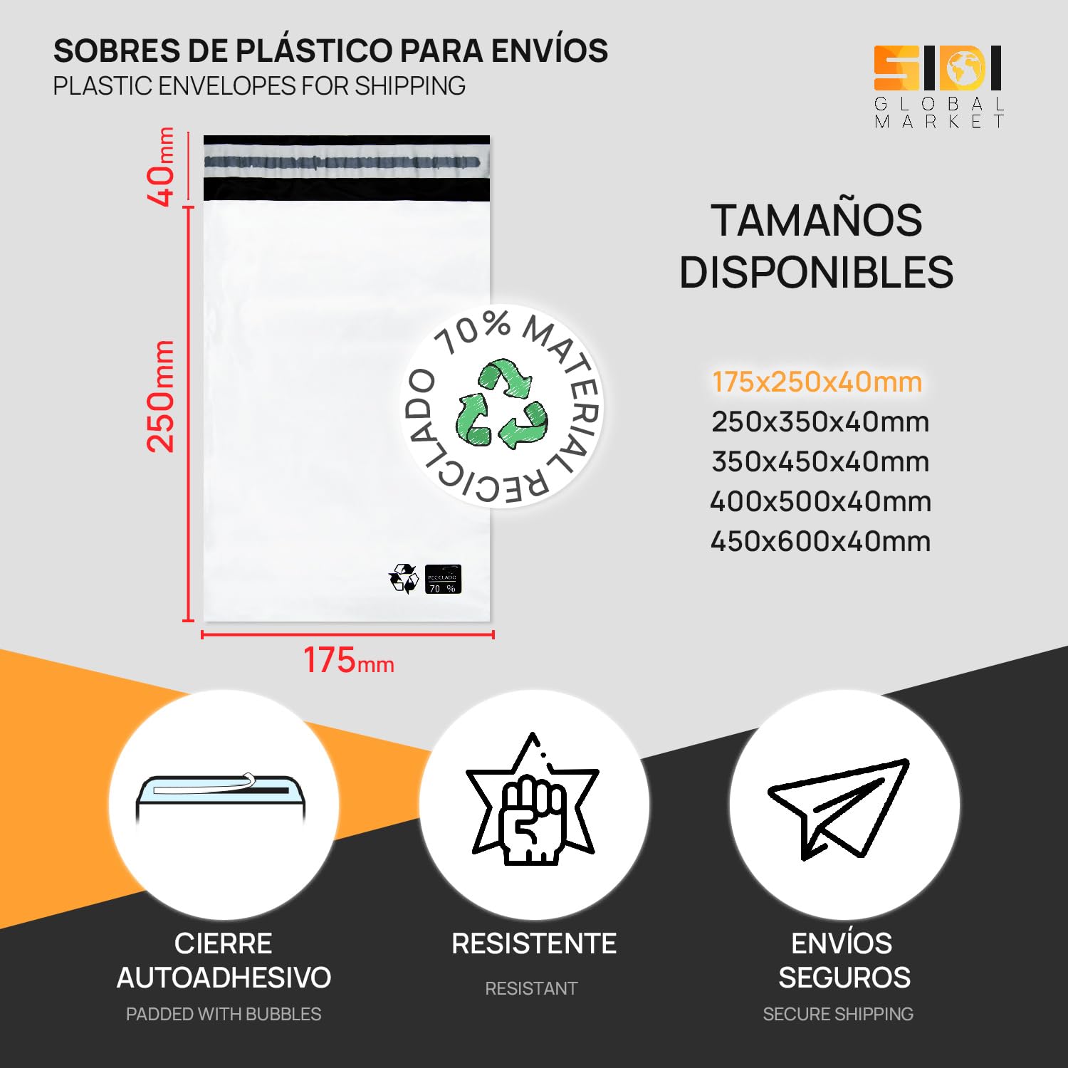 Lot de 100 enveloppes d'expédition en plastique blanc résistant avec fermeture autocollante sécurisée SIDI (175 x 250 x 40 mm)