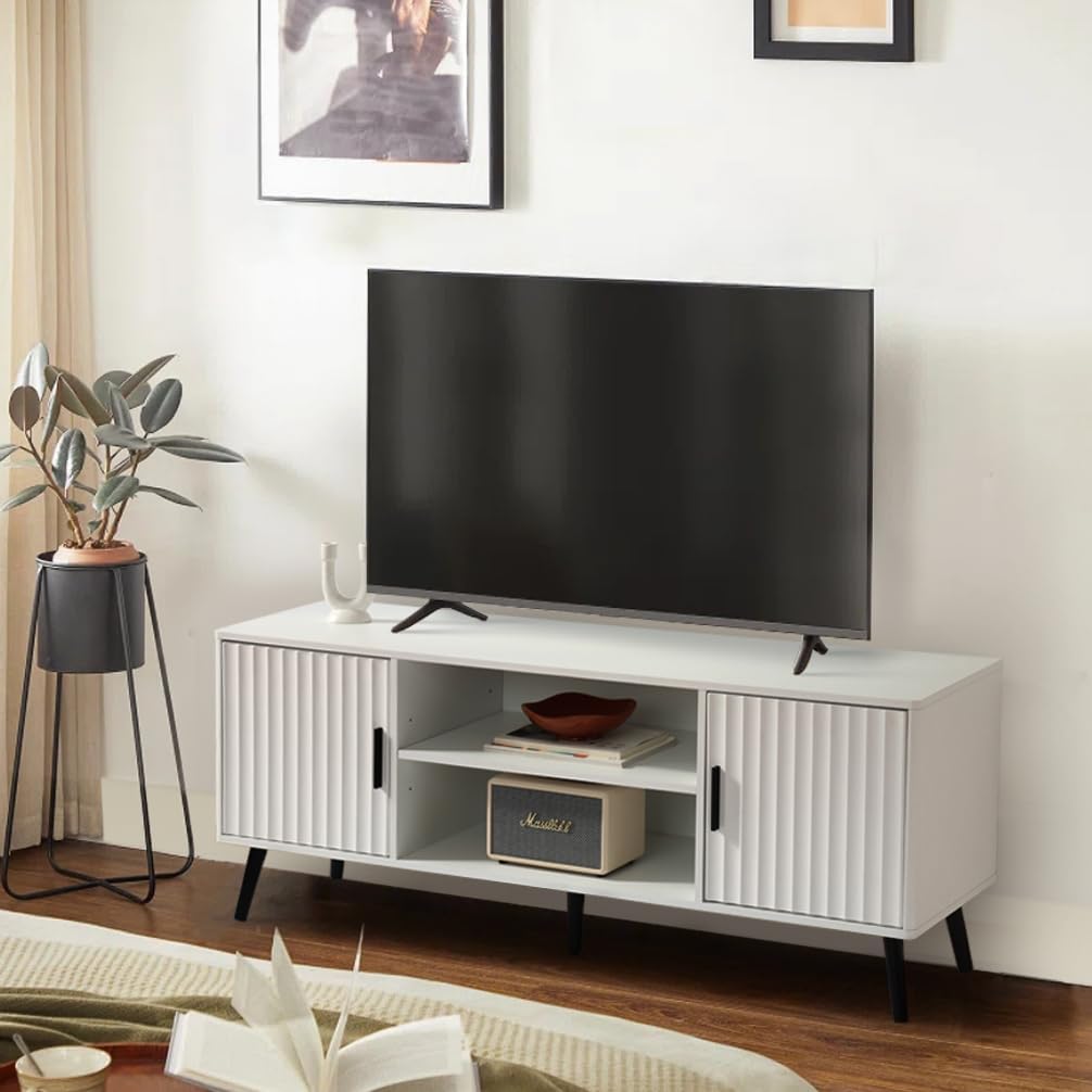 Modern TV Stand for 65 Inch TV, Entertainment Center with 2 Storage Cabinets and Adjustable Shelf, Solid Wood Feet, 4 Cord Holes, Strip Wave Media TV Console Table for Living Room Bedroom (White)