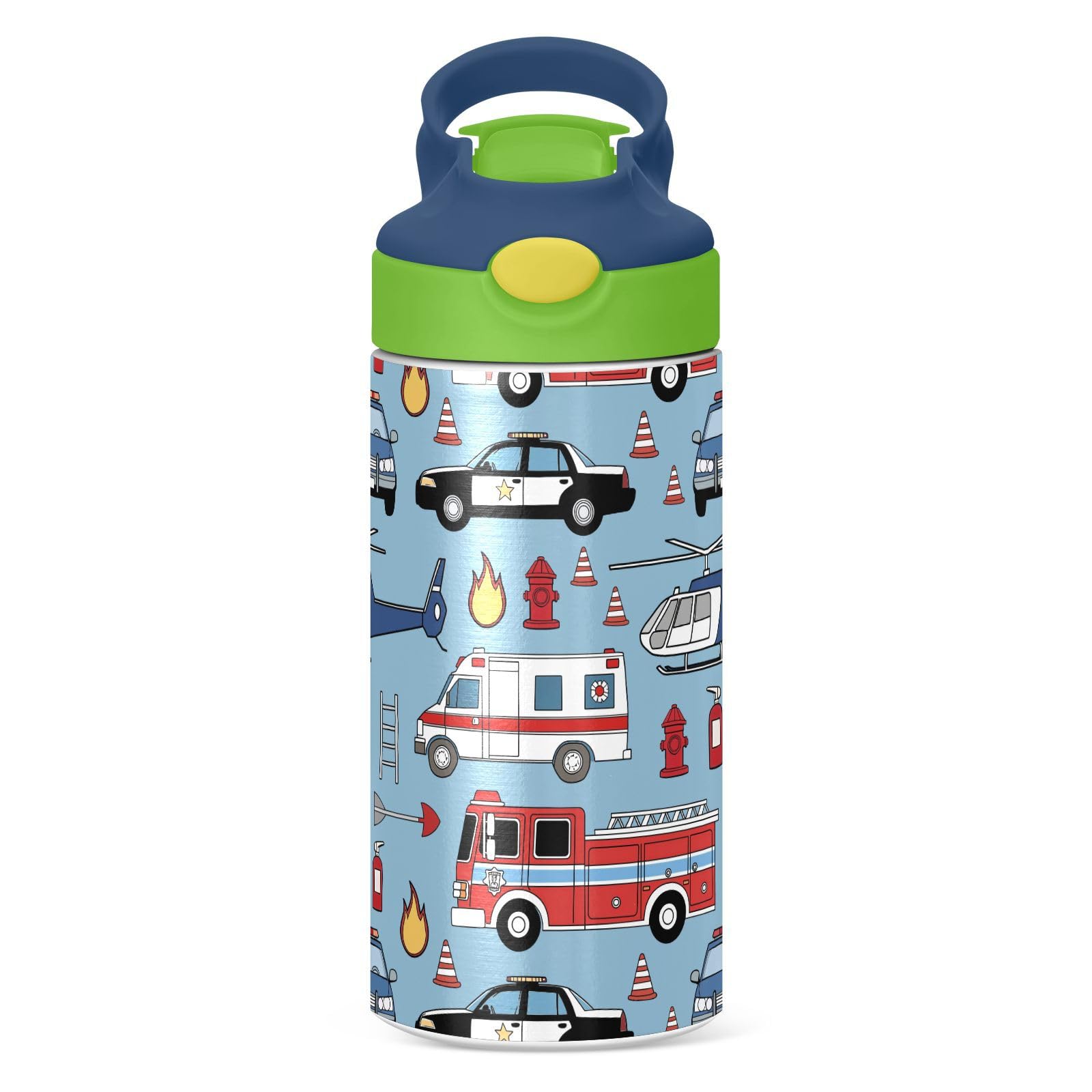 Fire Truck Police Car Helicopter Kids Water Bottle with Straw Lid, Insulated Stainless Steel Water Bottle Reusable Tumbler for Girls Boys 12oz
