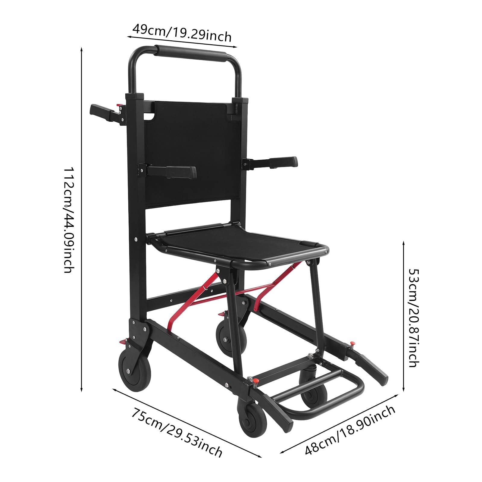 Silla de escalera plegable silla de evacuación con capacidad de carga de 180kg,Silla de ruedas de aleación de aluminio y acero al carbono con 4 ruedas,Silla de transporte para ancianos y