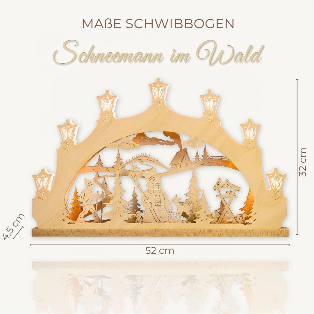 weigla - Schwibbogen original Erzgebirge I LED Lichterbogen Weihnachten I Motiv Schneemann im Wald I 7 Lampenkerzen + 1 Ersatzlampe I 7 x 34 V, 0,2 W, E10 I beleuchtete Weihnachtsdeko