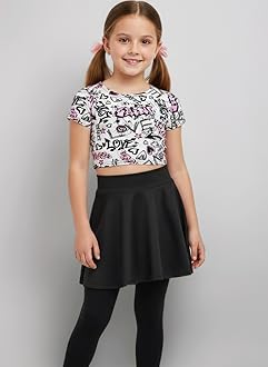 Girls Love Graffiti Scribble Print Crop Top & Black Skater Skirt Set Age 7-13 Years