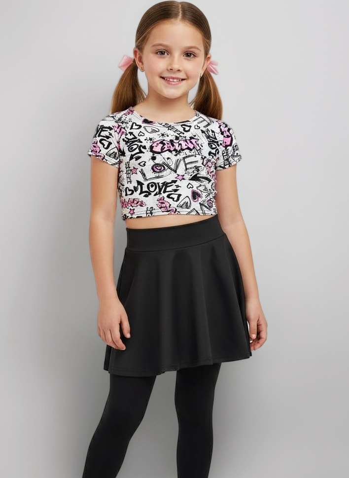 Girls Love Graffiti Scribble Print Crop Top & Black Skater Skirt Set Age 7-13 Years