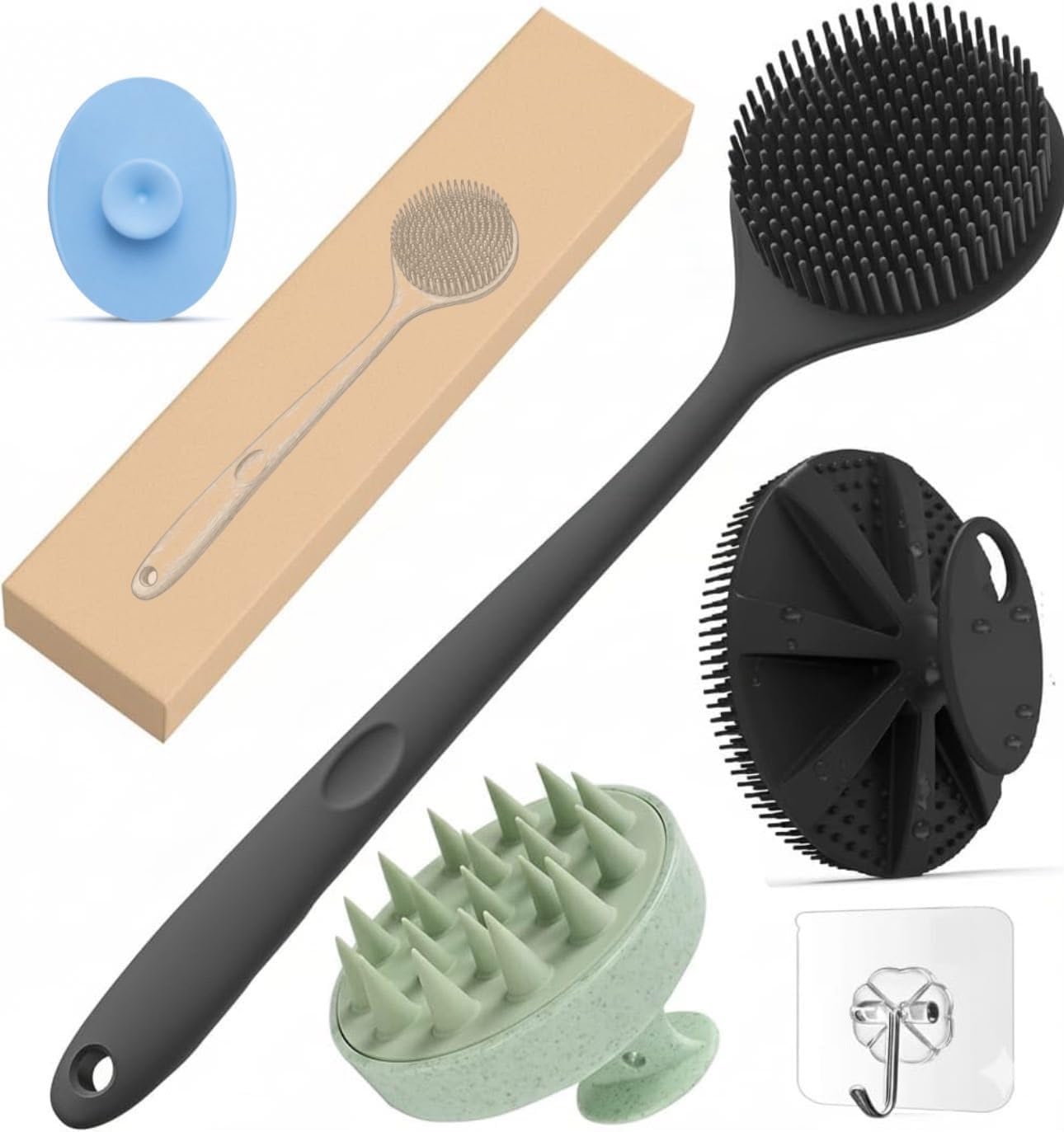 Soft Silicone Back Scrubber Long Handle Bath Brush + Body Scrubber Bath Brush + Scalp Massager for Hair + Face Scrubber Brush, Combination Combo, Super-Exfoliating & Lathering Body Scrubber, Shower Brush | BPA-Free | for Men and Women (With A Free Hook 3-pic)-picture-10
