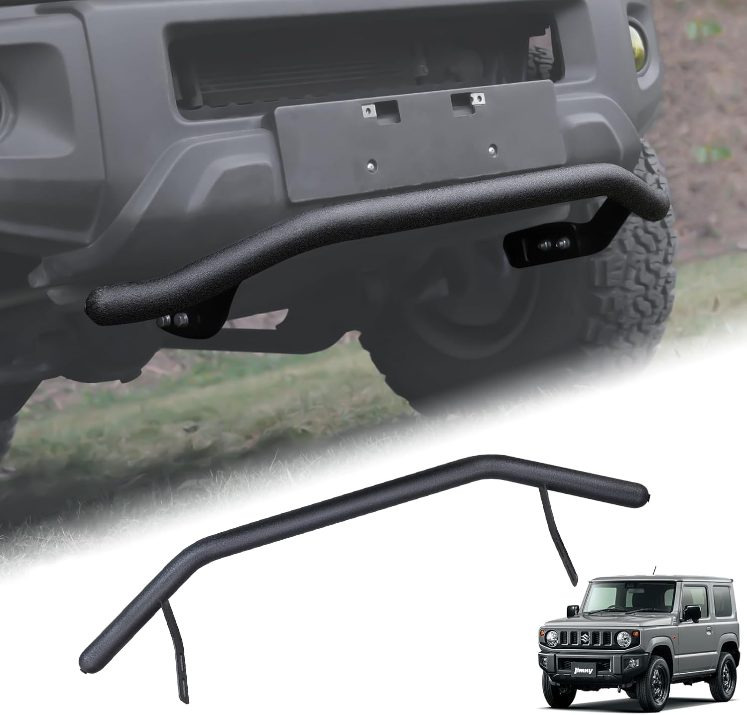 AMWMORV ジムニー jb64 フロントバンパー ジムニー jb74バンパー ブラック フロントグリルガード ブルバー スチール製 一字型 一体式 取付簡単 電着塗装 車保護 衝突防止