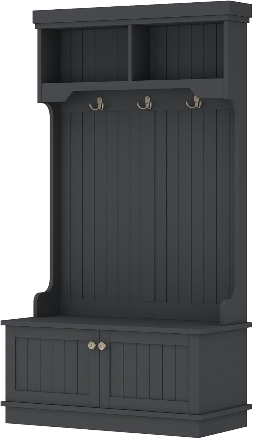 Farmhouse Hall Tree with Bench and Shoe Storage,Garage Lockers with Benches,Mud Room Bench with Storage and Seating(Black)