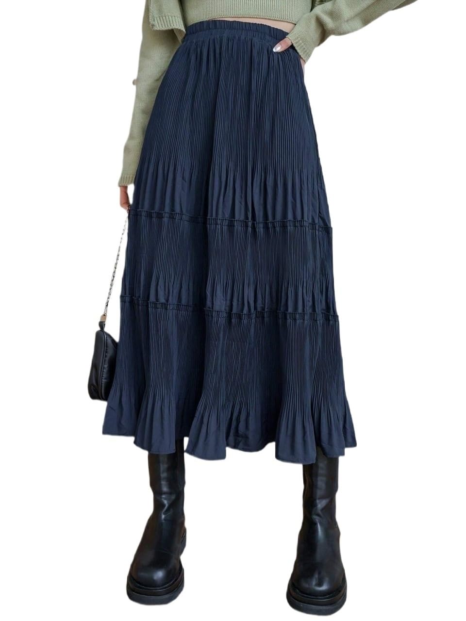 Solid Color Pleated A-Line Midi Skirt Ruffle Hem Womens Basic Versatile Trendy Skirt