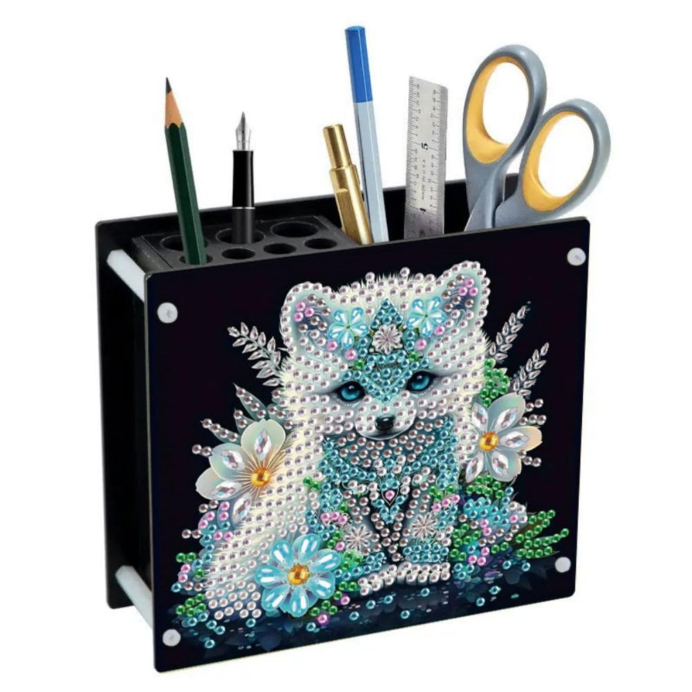 Lebartm DIY Diamond Art Painting Pen Holder Ornaments Desktop Pencil Holder Ornaments Double Sided Spot Drill Makeup Brush Holder Organizer Office Supplies-Arctic Fox