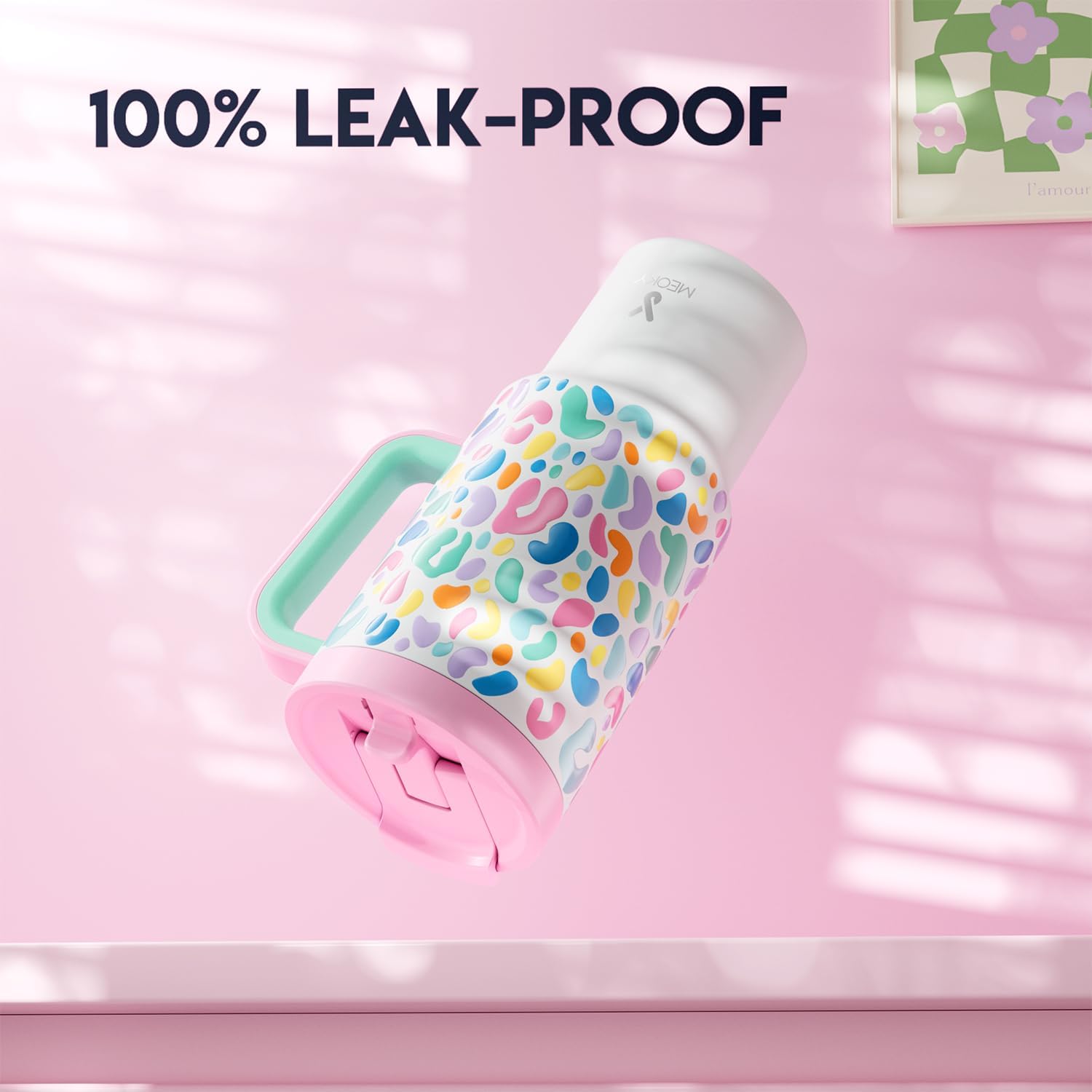 Meoky 32 oz Tumbler with Handle and Flip Straw, 100% Leakproof Tumbler with Lid and Straw, Stainless Steel Insulated Cup, Cupholder Friendly, Keeps Cold for 24 Hours (Leopard) - Image 3