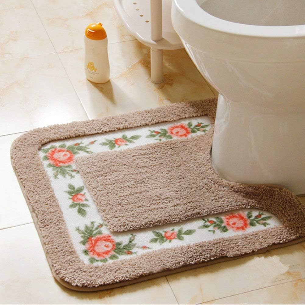 UKELER Bathroom Rugs Floral Rose Bath Mat Set of 2 Non Slip Bath Rugs Soft Shaggy U-Shaped Contour Toilet Rug for Bathroom Mocha - Image 3