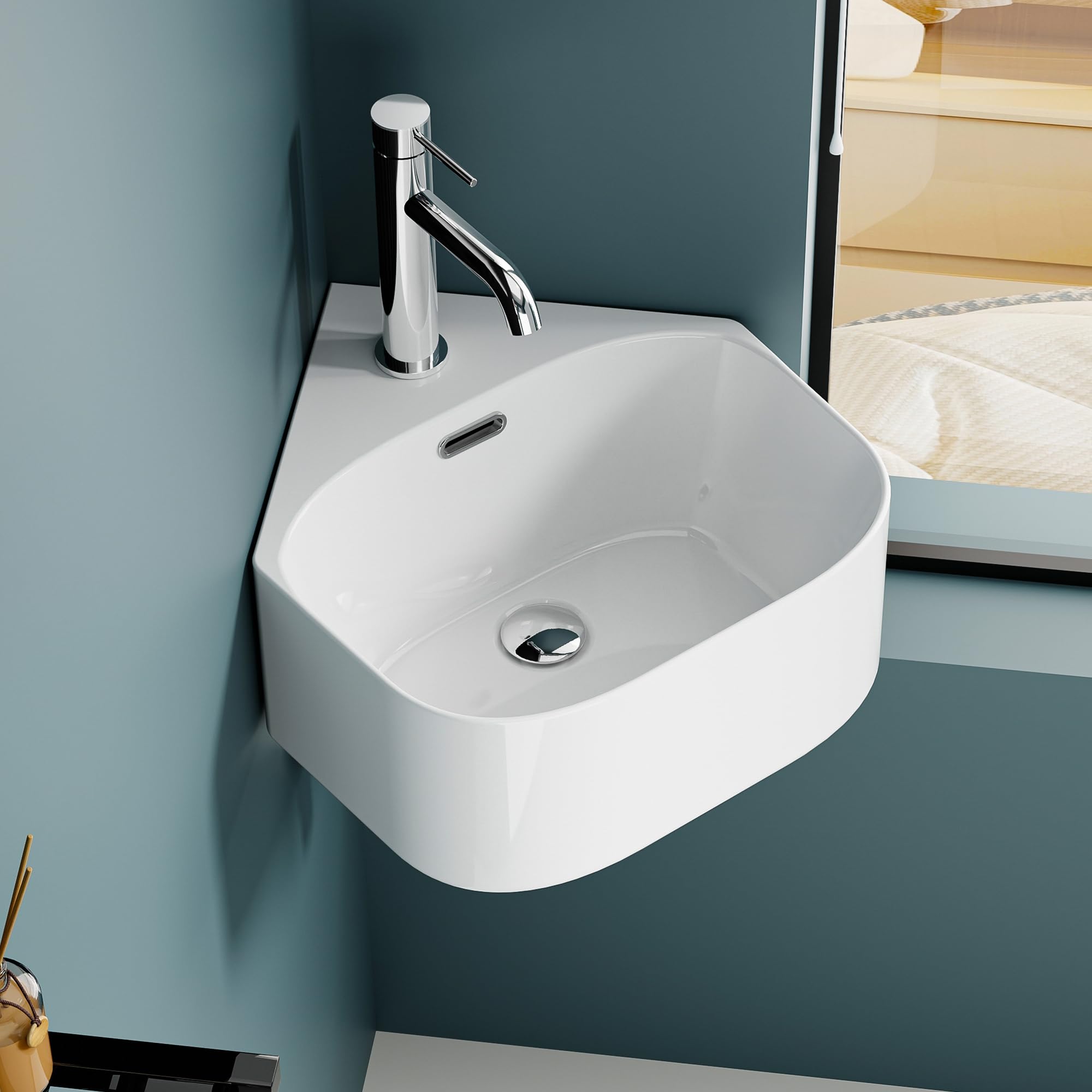 Lavaplas de esquina de cerámica blanca - Lavabo compacto y angular para espacios pequeños - Lavabo de diseño elegante y funcional - Ideal para baños o aseos - 40 x 43,5 x 16,5 cm