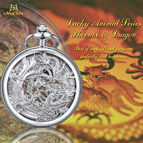 Image of ManChDa Antique Mechanical Pocket Watches for Men Lucky Dragon Phoenix Pocket Watch with Chain Skeleton Dial Roman Numerals Gifts for Fathers Day